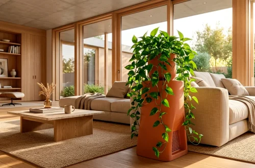 Luxurious modern living room featuring a sleek terracotta indoor worm farm disguised as a stylish side table