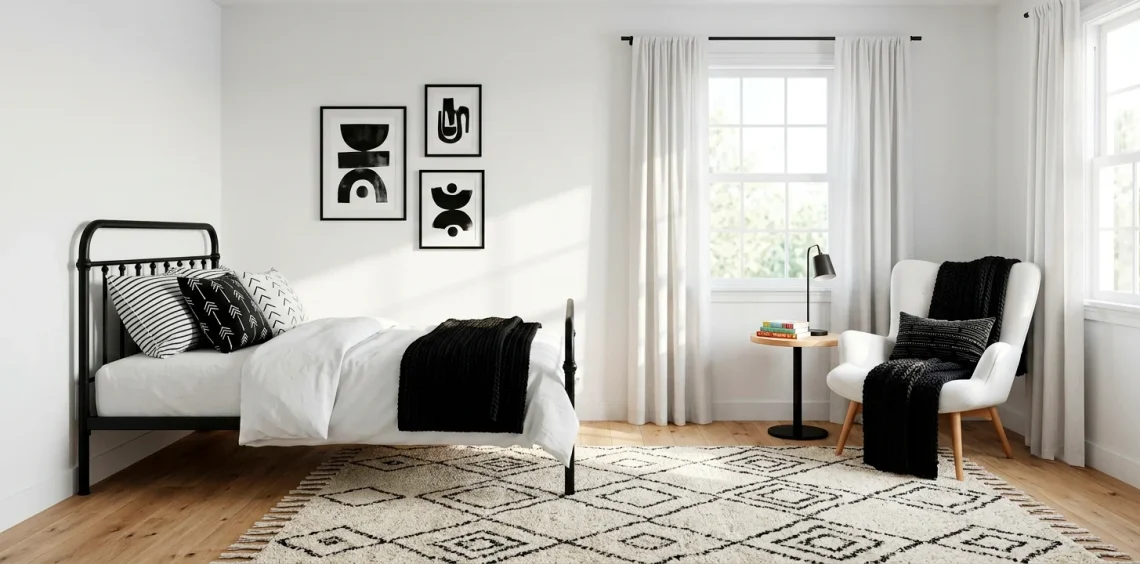 Wide view of a modern monochrome kids bedroom with black metal bed and geometric rug