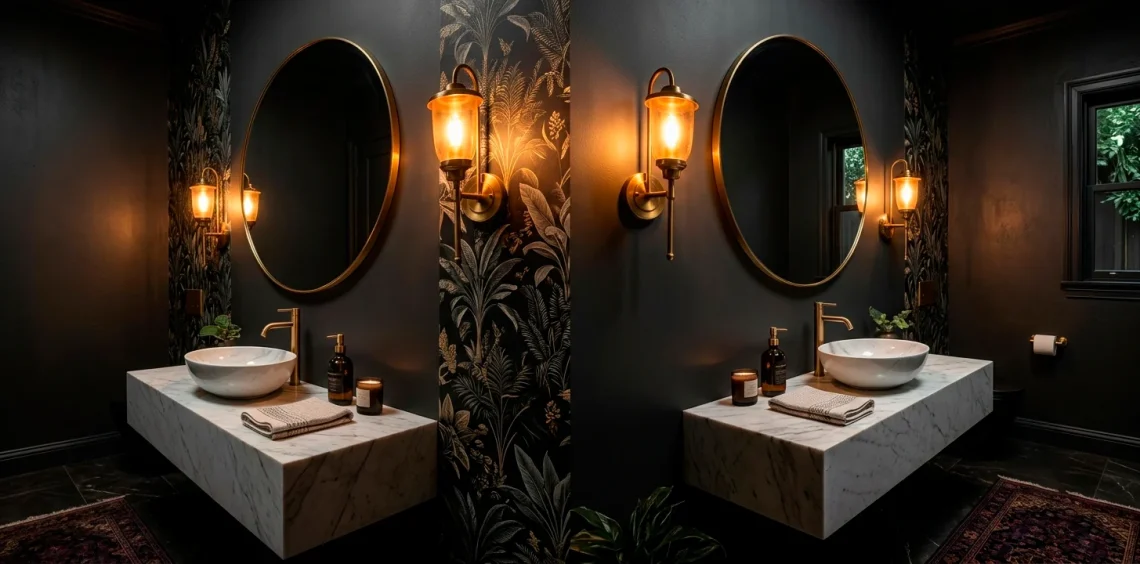 Moody dark powder room design featuring brass fixtures, dramatic botanical wallpaper, and warm sconce lighting