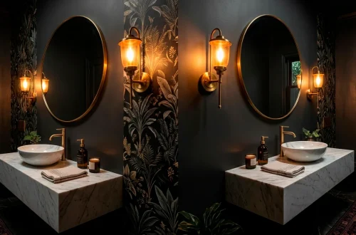 Moody dark powder room design featuring brass fixtures, dramatic botanical wallpaper, and warm sconce lighting