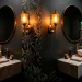 Moody dark powder room design featuring brass fixtures, dramatic botanical wallpaper, and warm sconce lighting
