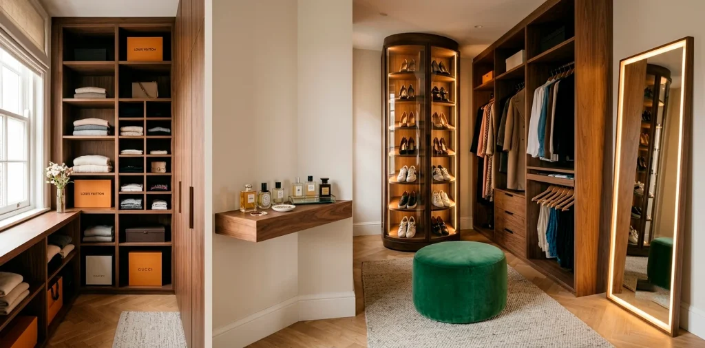 Cozy small dressing room featuring floor-to-ceiling wooden cubbies and a spinning shoe carousel.