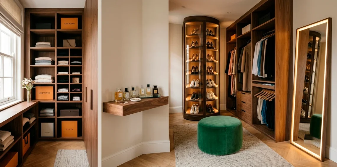 Cozy small dressing room featuring floor-to-ceiling wooden cubbies and a spinning shoe carousel.