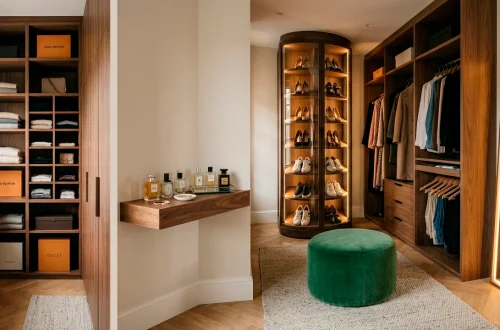 Cozy small dressing room featuring floor-to-ceiling wooden cubbies and a spinning shoe carousel.