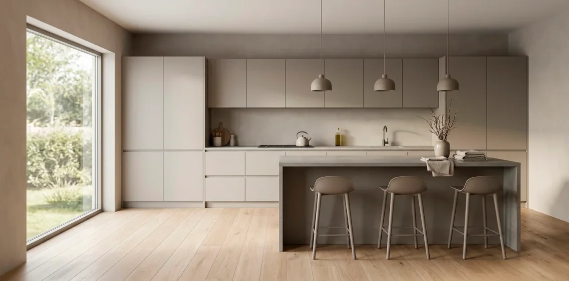 Minimalist Scandinavian kitchen featuring monochromatic grey tones, sleek cabinetry, and bright morning light.