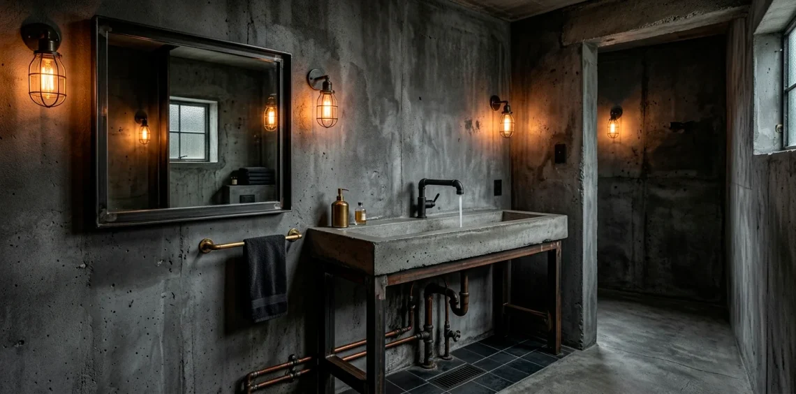 Wide view of a modern dark industrial bathroom featuring matte black fixtures and concrete walls