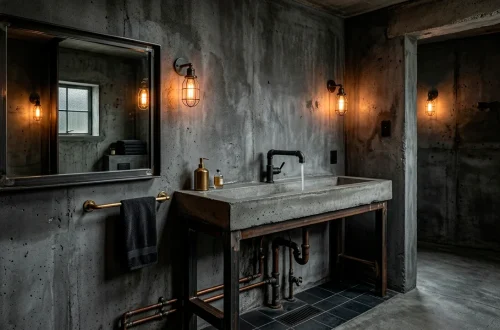 Wide view of a modern dark industrial bathroom featuring matte black fixtures and concrete walls