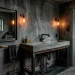 Wide view of a modern dark industrial bathroom featuring matte black fixtures and concrete walls