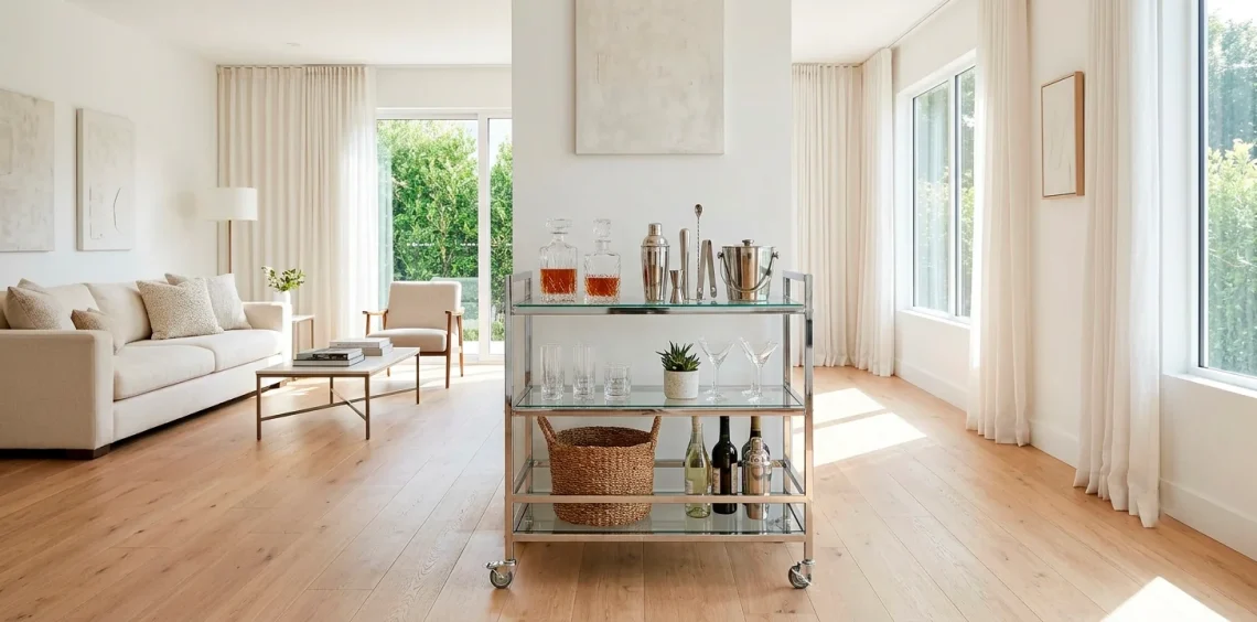 Bright living room featuring a sleek glass and chrome rolling bar cart near a sunny window.