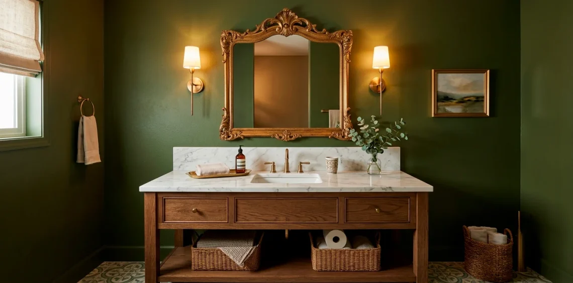 Cozy olive green powder room with brushed brass sconces and natural wood vanity