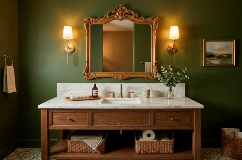 Cozy olive green powder room with brushed brass sconces and natural wood vanity