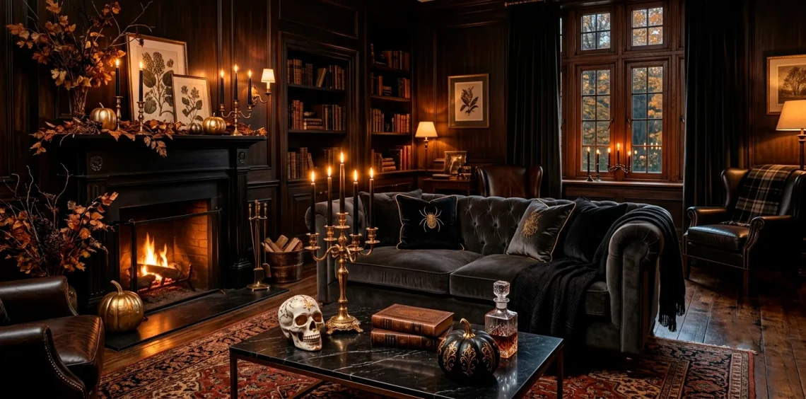 Sophisticated living room with subtle gold Halloween decorations and moody lighting