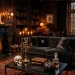 Sophisticated living room with subtle gold Halloween decorations and moody lighting