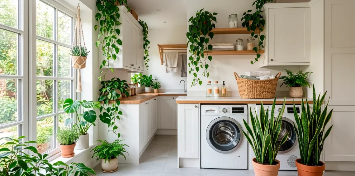 Bright modern laundry room styled with beautiful lush indoor plants, white cabinets, and woven baskets.