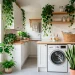 Bright modern laundry room styled with beautiful lush indoor plants, white cabinets, and woven baskets.