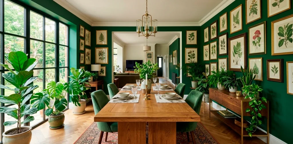 Elegant green dining room with a stunning gallery wall of framed botanical prints and warm sunlight.