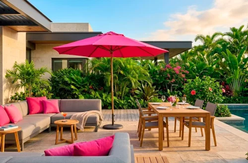 Luxurious sunny backyard patio featuring a gray sofa with bright fuchsia throw pillows and a matching umbrella.