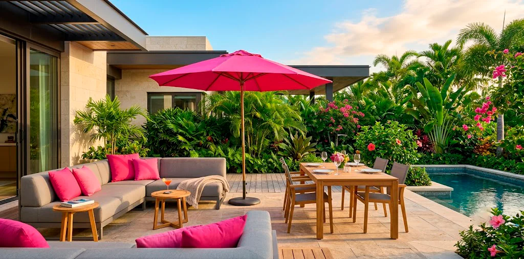 Luxurious sunny backyard patio featuring a gray sofa with bright fuchsia throw pillows and a matching umbrella.