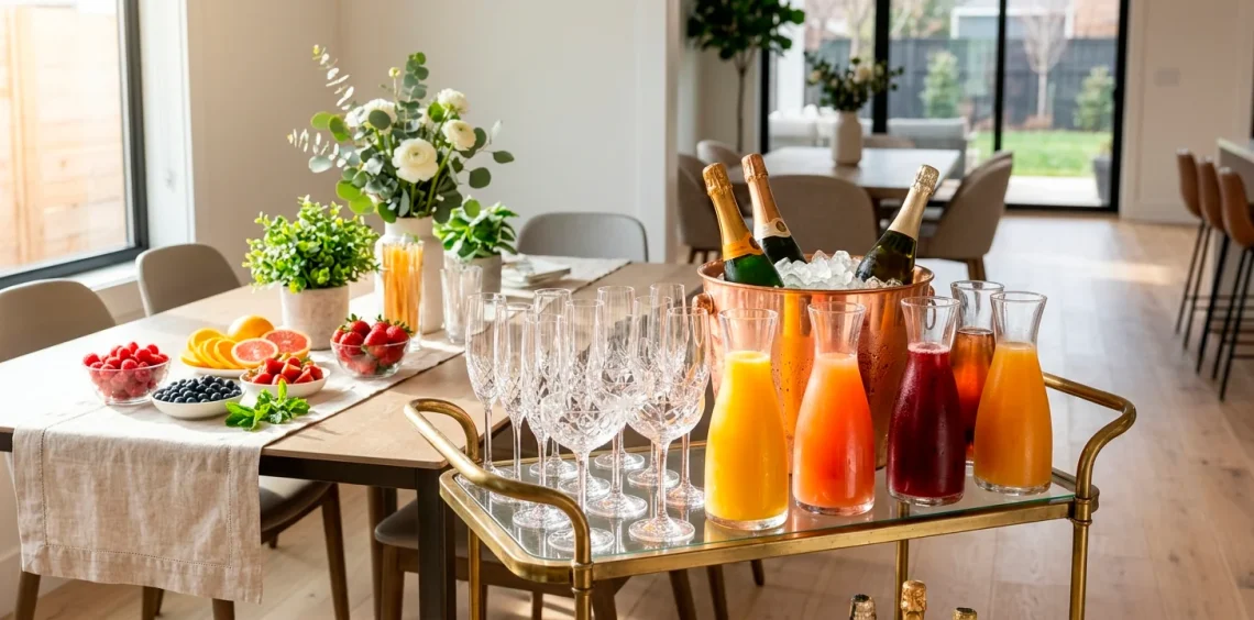 Stylish mimosa bar setup on a vintage brass cart in a sunlit modern dining room