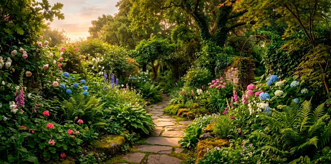 Winding natural stone garden path leading through lush green ferns and vibrant hydrangeas at golden hour.