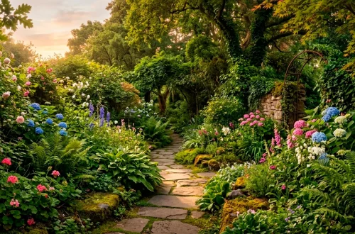 Winding natural stone garden path leading through lush green ferns and vibrant hydrangeas at golden hour.