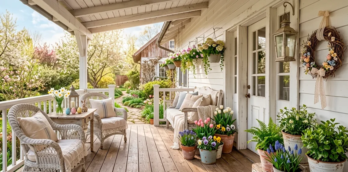 Shabby chic spring porch decorated with vintage lace, linen textiles, and subtle Easter accents