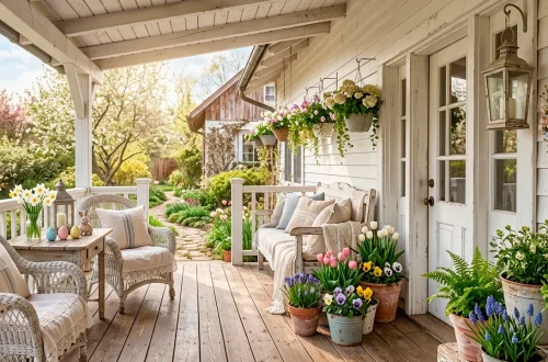 Shabby chic spring porch decorated with vintage lace, linen textiles, and subtle Easter accents