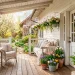 Shabby chic spring porch decorated with vintage lace, linen textiles, and subtle Easter accents