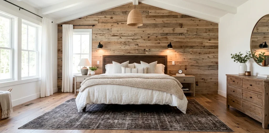 Bright modern farmhouse bedroom with layered white linens and wood accents