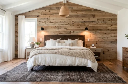 Bright modern farmhouse bedroom with layered white linens and wood accents