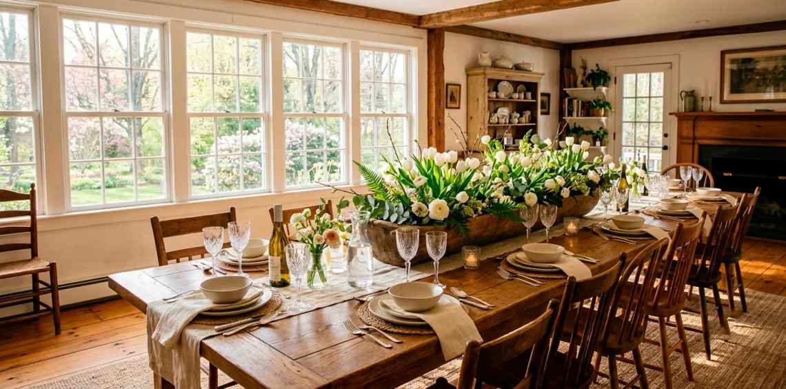 A beautiful rustic wood trough centerpiece filled with fresh spring tulips on a large oak farmhouse table.