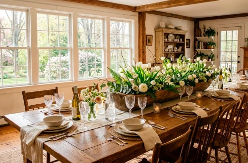A beautiful rustic wood trough centerpiece filled with fresh spring tulips on a large oak farmhouse table.