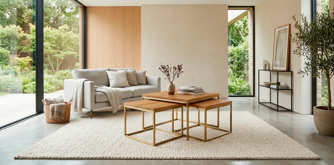 Sleek wooden and brass nesting tables in a modern sunlit living room saving space