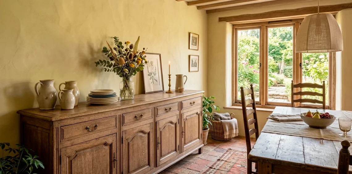 Timeless oak buffet in a sun-drenched classic vintage dining room with rustic stone pitchers.