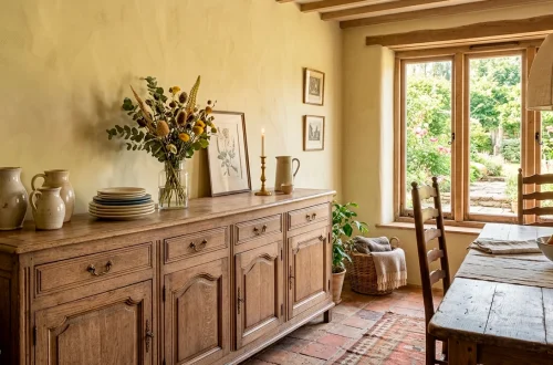Timeless oak buffet in a sun-drenched classic vintage dining room with rustic stone pitchers.