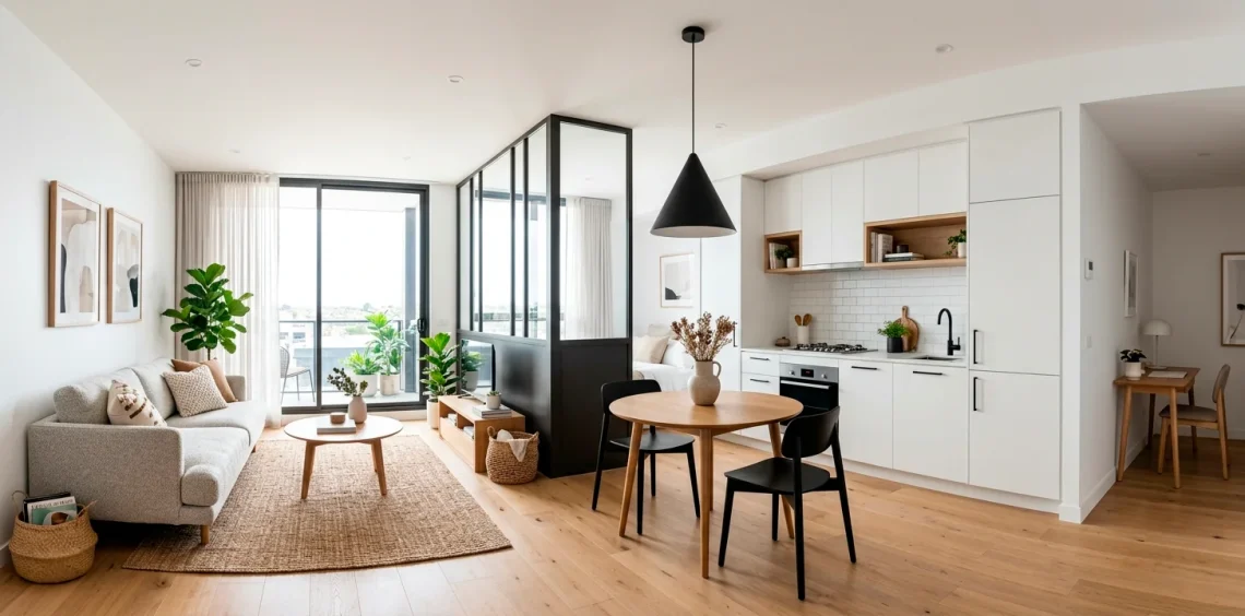 Bright studio apartment featuring white walls and modern matte black accents.