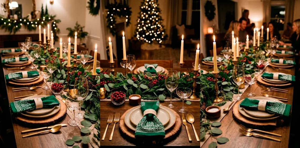 Festive table setting with custom block printed green linen napkins and brass candles