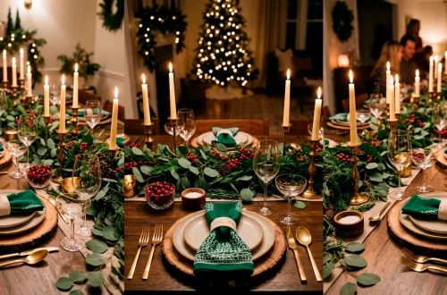 Festive table setting with custom block printed green linen napkins and brass candles