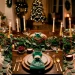 Festive table setting with custom block printed green linen napkins and brass candles
