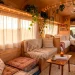 Cozy boho camper van interior featuring plush cushions, macrame decor, trailing plants, and warm string lights at sunset.