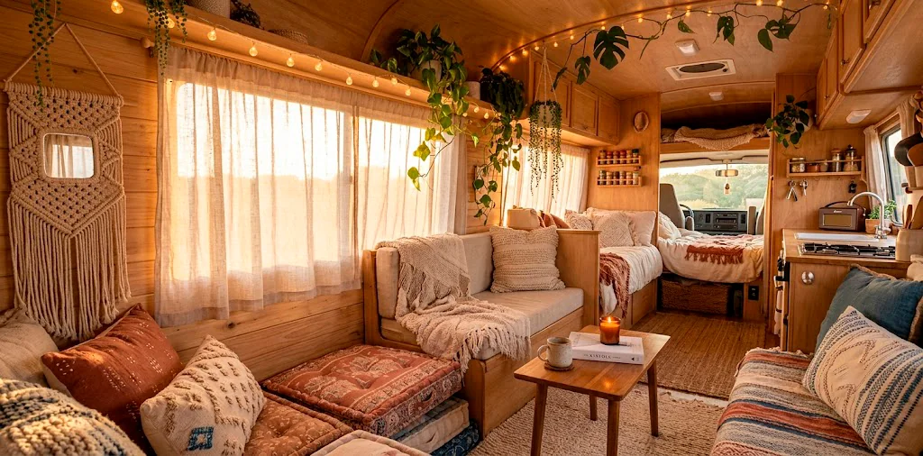 Cozy boho camper van interior featuring plush cushions, macrame decor, trailing plants, and warm string lights at sunset.