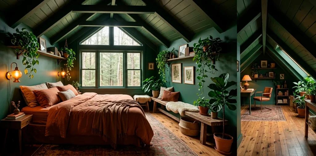 Wide view of a deep forest green attic bedroom with slanted wood ceilings, terracotta bedding, and ambient brass lighting