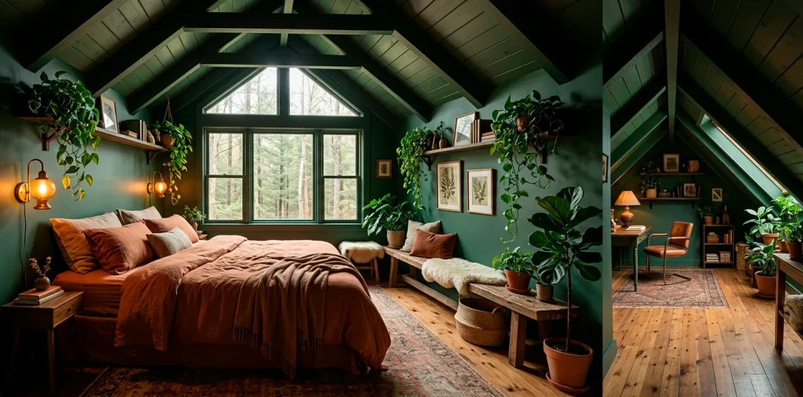 Wide view of a deep forest green attic bedroom with slanted wood ceilings, terracotta bedding, and ambient brass lighting