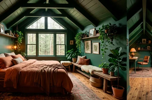Wide view of a deep forest green attic bedroom with slanted wood ceilings, terracotta bedding, and ambient brass lighting