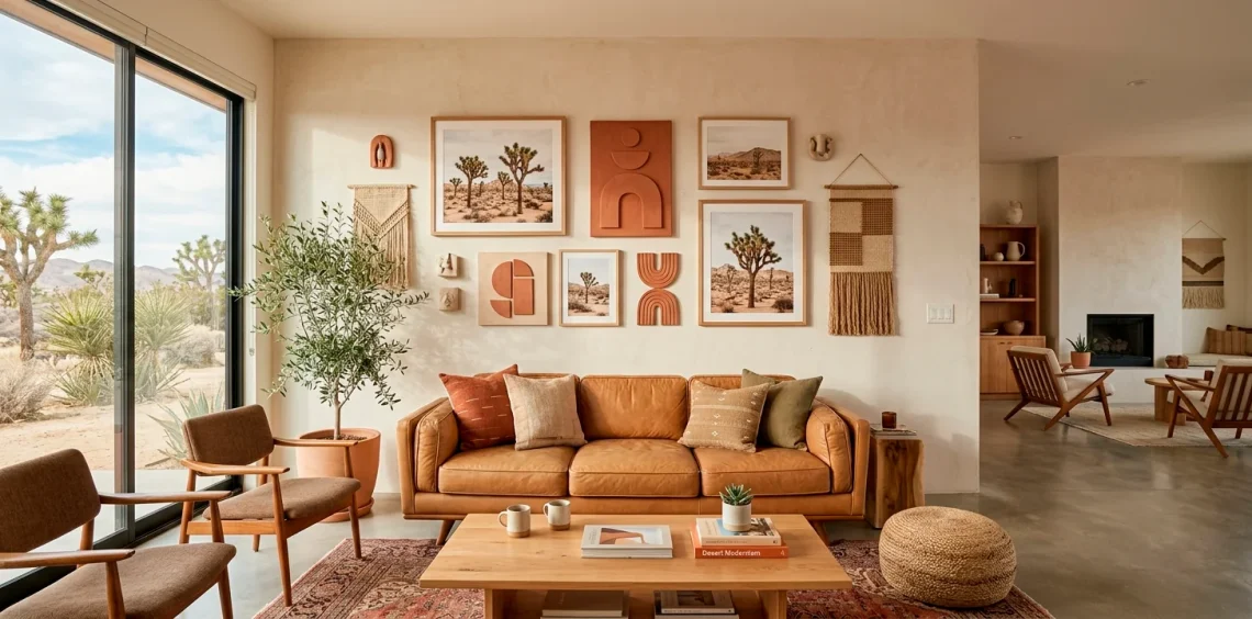 Sunlit living room showcasing a desert modern gallery wall with terracotta art and natural wood frames.
