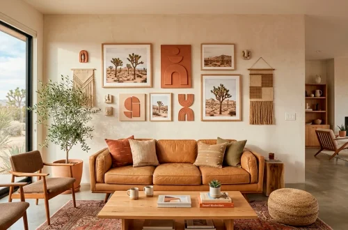 Sunlit living room showcasing a desert modern gallery wall with terracotta art and natural wood frames.