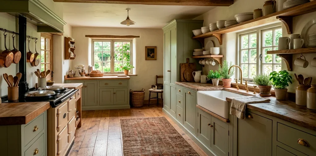 Cozy farmhouse kitchen featuring sage cabinets, open shelving, and a vintage runner rug in soft light.