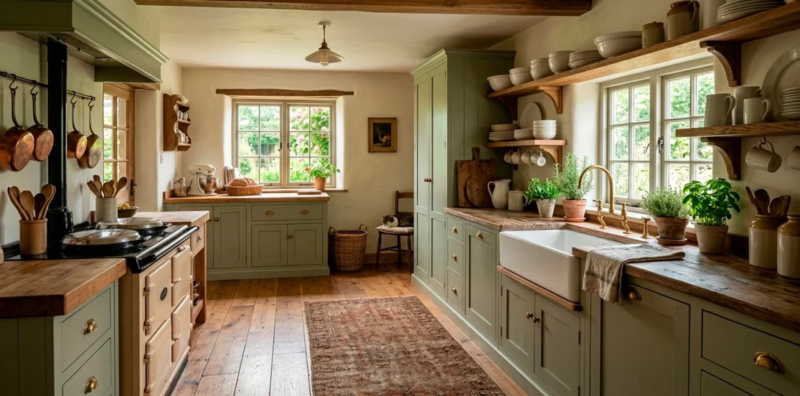 Cozy farmhouse kitchen featuring sage cabinets, open shelving, and a vintage runner rug in soft light.