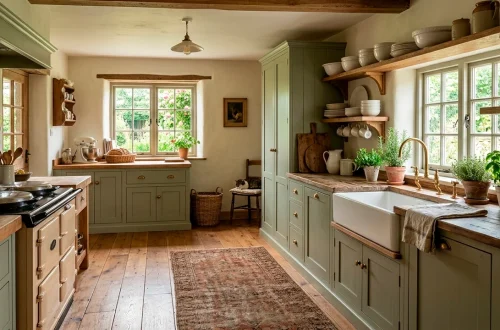 Cozy farmhouse kitchen featuring sage cabinets, open shelving, and a vintage runner rug in soft light.