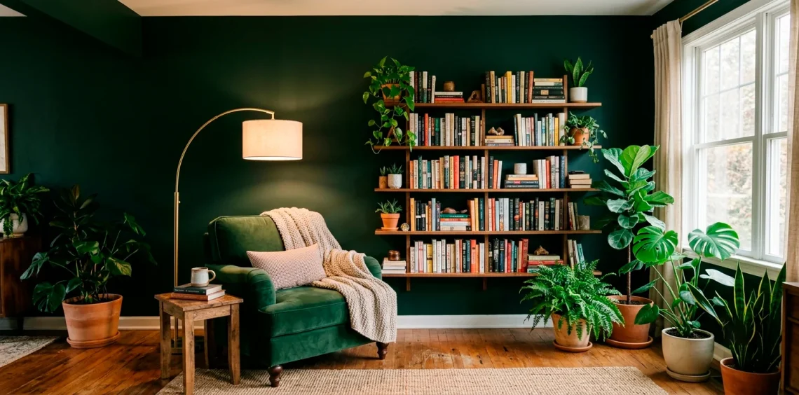Cozy forest green reading nook with a velvet armchair, brass floor lamp, and floating wood shelves